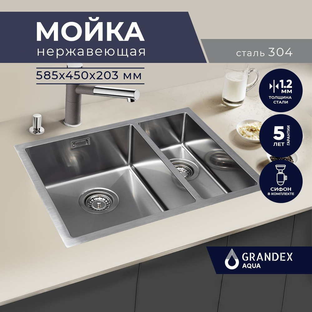 Раковина для кухни врезная двойная нержавеющая сталь Grandex Aqua PROLINE  58, 58.5х45х20 / Мойка кухонная 2 чаши накладная нержавейка с сифоном  Турция - купить с доставкой по выгодным ценам в интернет-магазине OZON  (895882232)