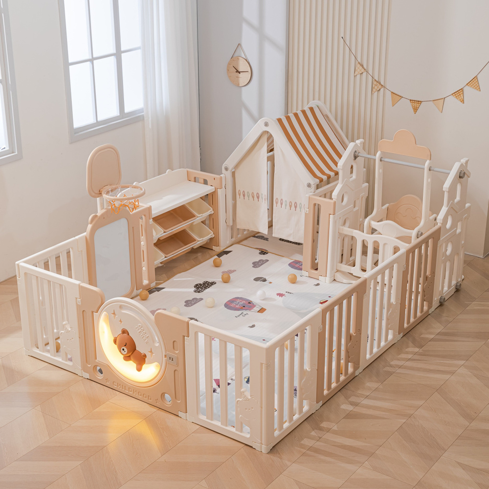 Большой детский игровой манеж, комплекс с качелями UNIX Kids DeLuxe  House&Storage 180x200 см Camel из пластика, с домиком, баскетбольной  стойкой, мольбертом, стеллажом для игрушек, бежевый - купить с доставкой по  выгодным ценам