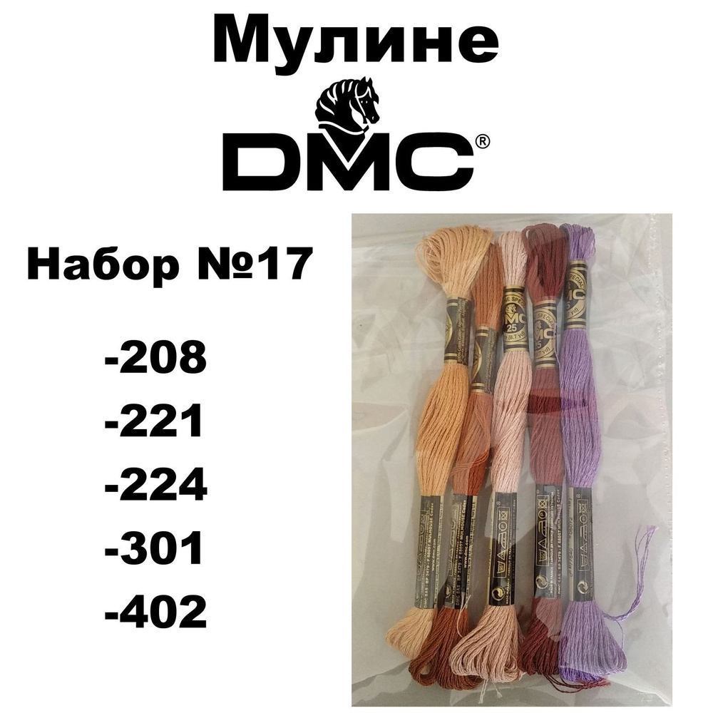 Нитки мулине DMC Embroidery для вышивания / Набор №17 / цвета 208, 221, 224, 301, 402  #1