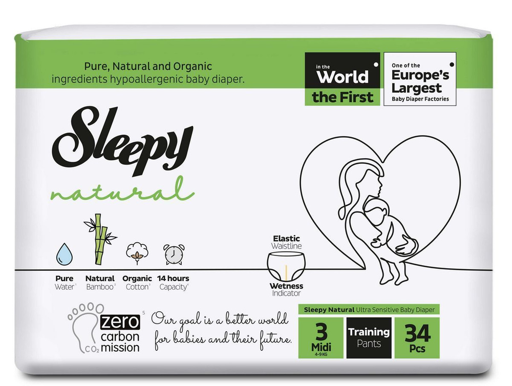 Подгузники детские Sleepy Natural размер № 3 (4-9 кг) 34 штуки натуральные бамбуковые волокна и волокна #1