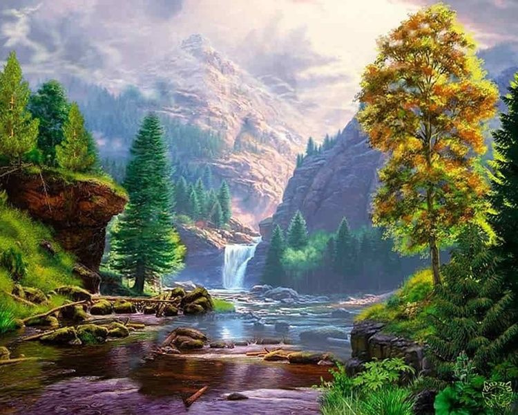 Картина по номерам на холсте с подрамником 40х50 Горный водопад. Природа. Пейзаж  #1