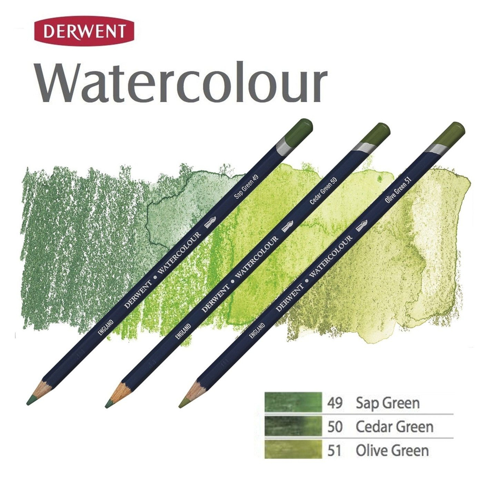 Комплект карандашей акварельных Derwent "Watercolour" Зеленые оттенки (№49, 50, 51)  #1