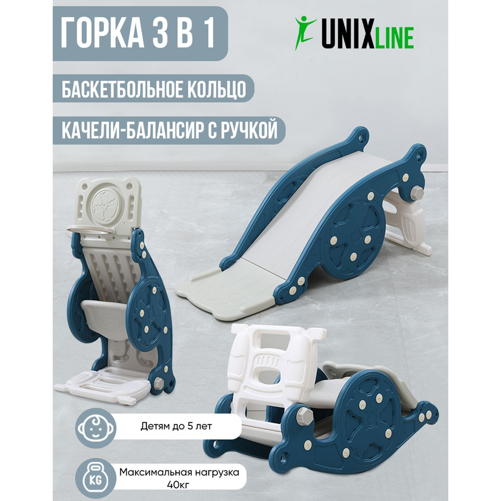 Горка-трансформер 3 в 1 со спуском 95 см UNIX Kids Blue из пластика, игровой комплекс: горка + качалка-балансир #1