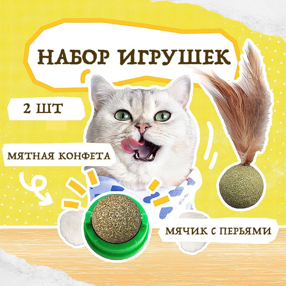 Набор лакомств для кошек, кошачья мята, игрушка шарик с перьями, мятная конфета для котят  #1