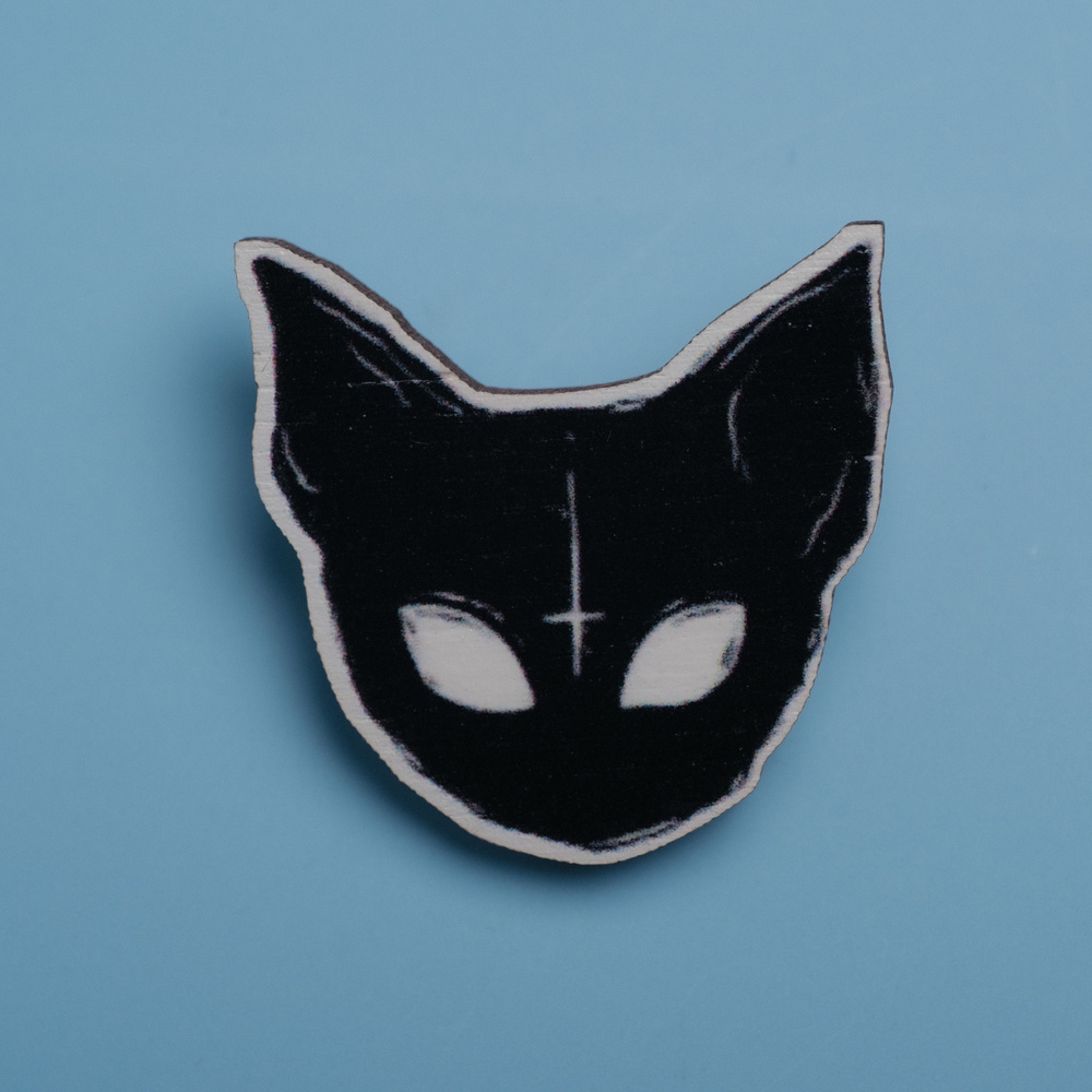 Значок деревянный Мистический черный кот на шопер , пин на рюкзак, брошь на одежду. CheshirSpb/Чеширспб #1