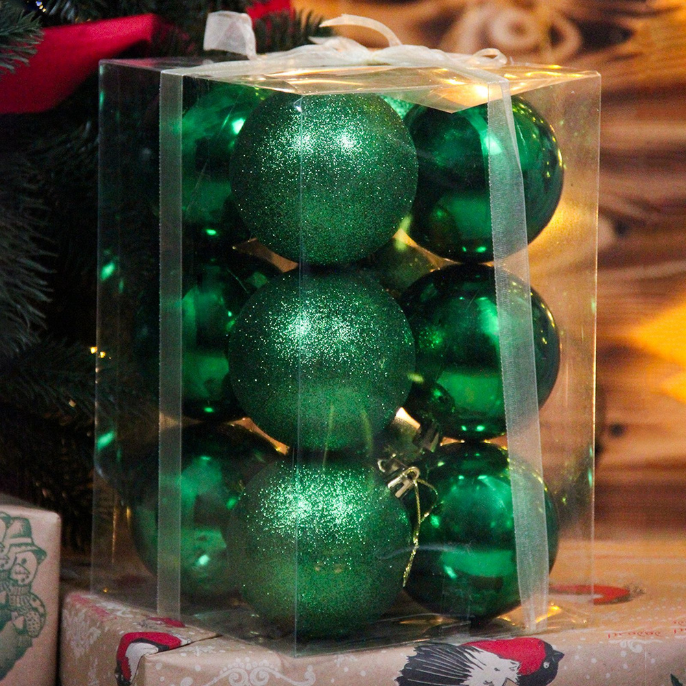 Набор шаров на елку темно-зеленый 12шт 8см #1