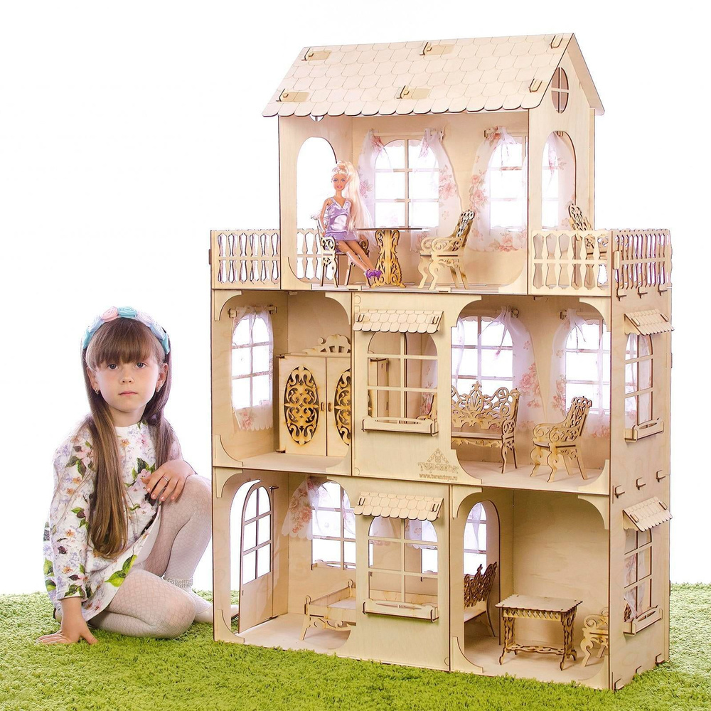 Конструктор Большой кукольный дом, без мебели и текстиля, фанера 3 мм, этаж: 33 см  #1