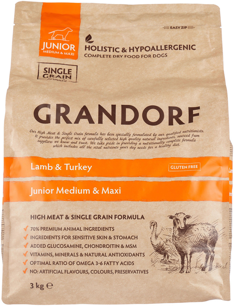Сухой корм для юниоров средних и крупных пород GRANDORF. Ягненок - Индейка - Бурый рис. 3кг  #1