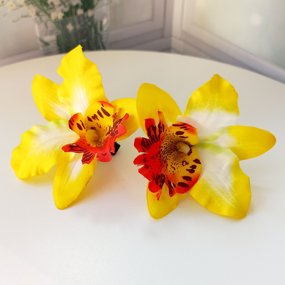 Комплект двух заколок "Тропический цветок Орхидея", желтый  #1