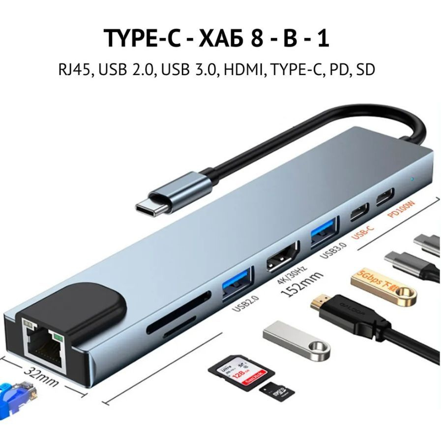 USB-концентратор Хаб (8-в-1) высокоскоростной разветвитель адаптер хаб 8-в-1 USB Hub Type-C  #1