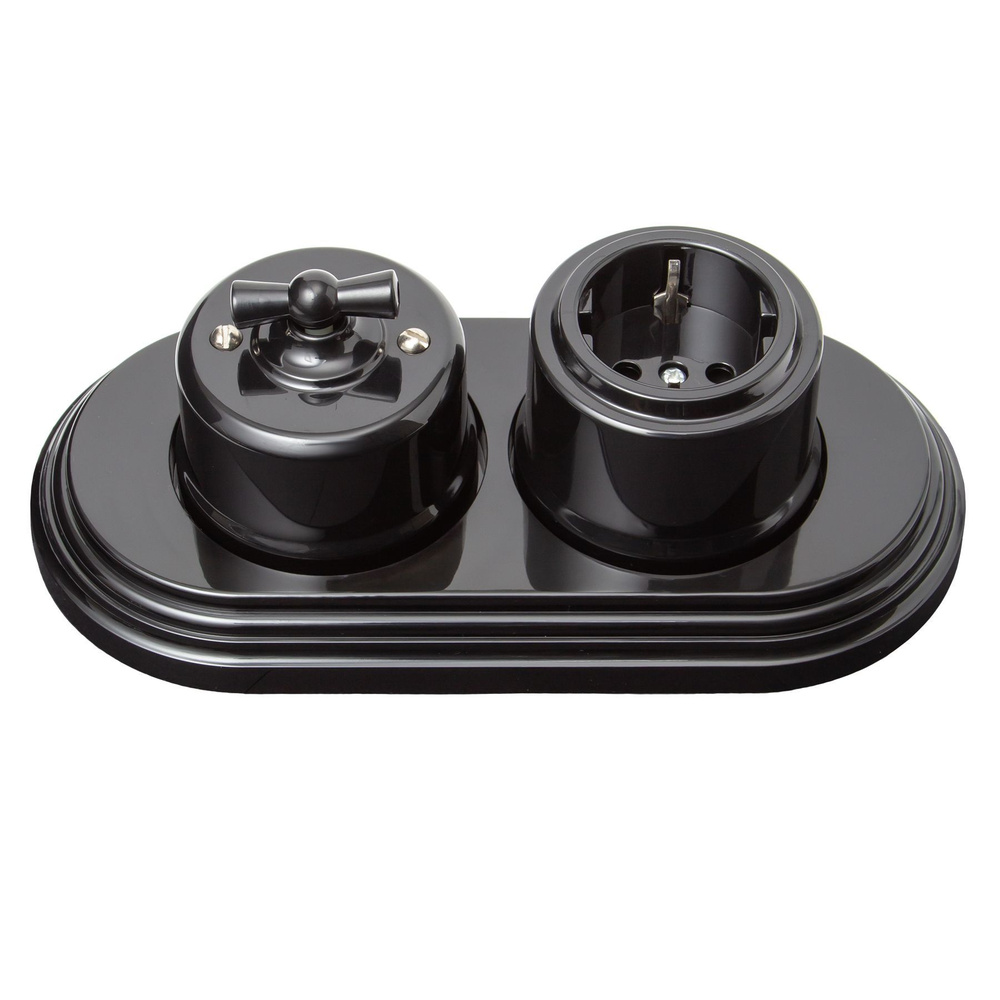 Комплект ретро розетка 220В пластик о/у, выключатель поворотный и рамка двухпостовая цвет чёрный  #1