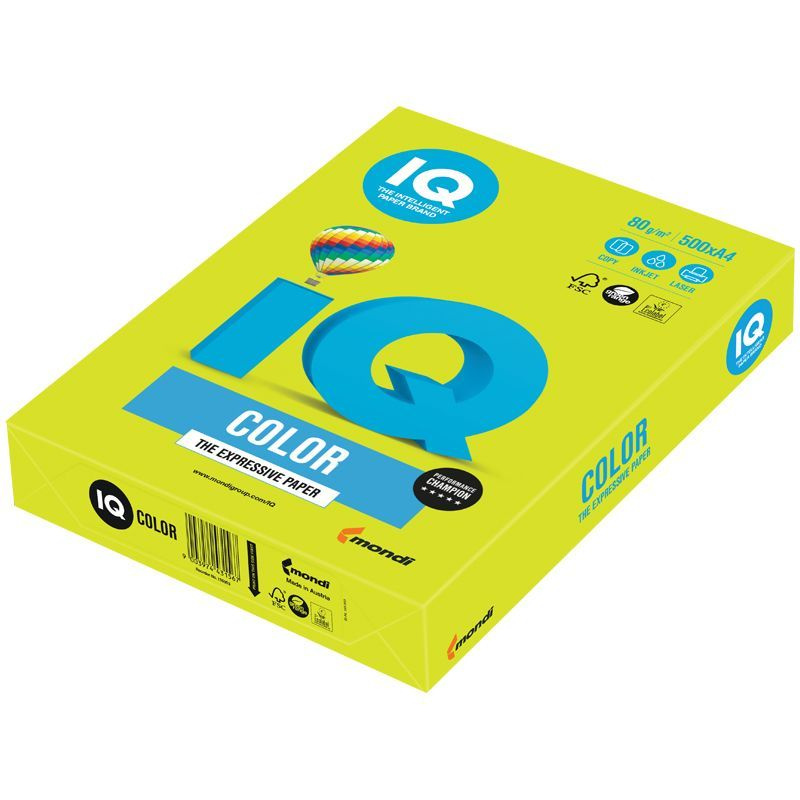 Бумага цветная IQ color, А4, 80 г/м2, 500 л., зеленый неон, NEOGN #1