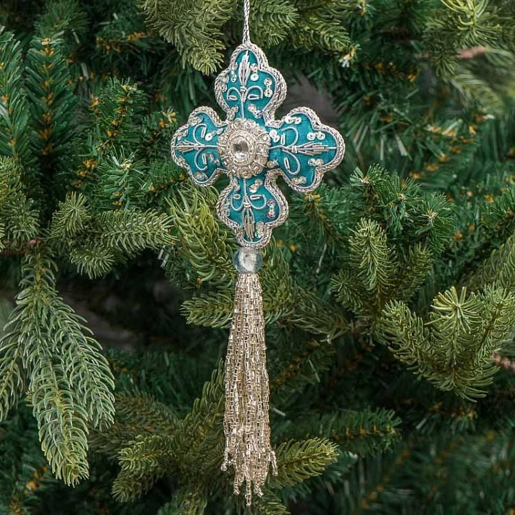 Новогодняя подвеска Pendant Cross With Beads Turquoise 22 cm #1