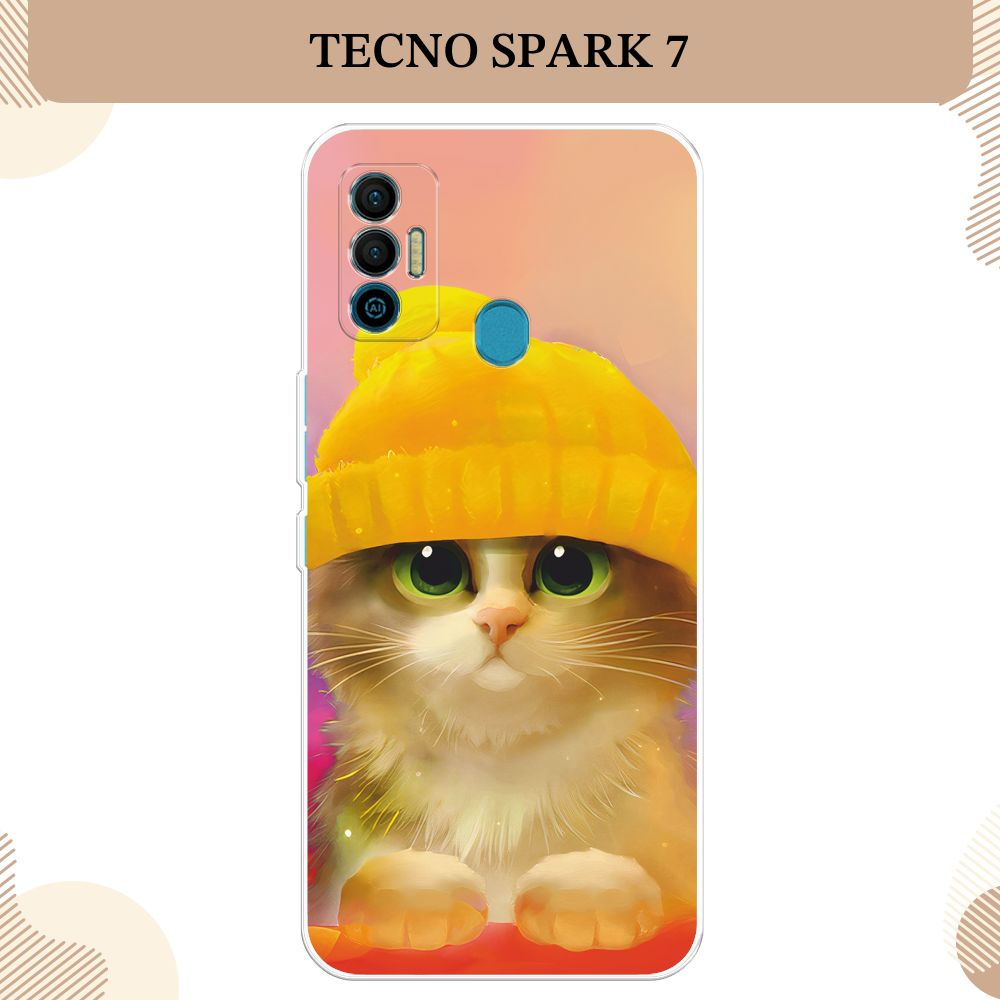 Силиконовый чехол на Tecno Spark 7 / Текно Спарк 7, Котенок в желтой шапке  #1