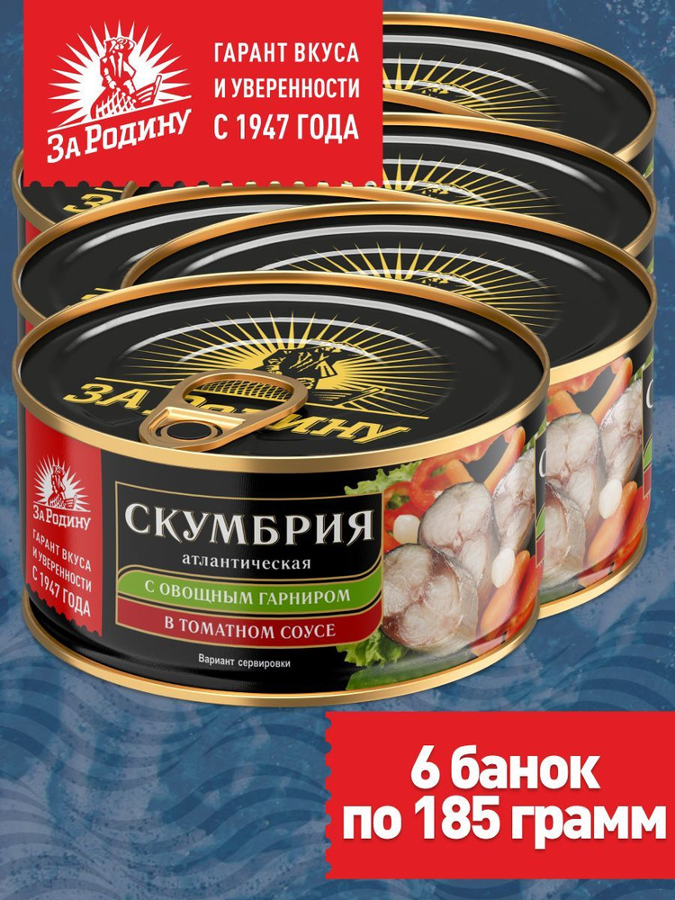 Скумбрия атлантическая с овощным гарниром в томатном соусе За Родину, 6 банок по 185 грамм  #1