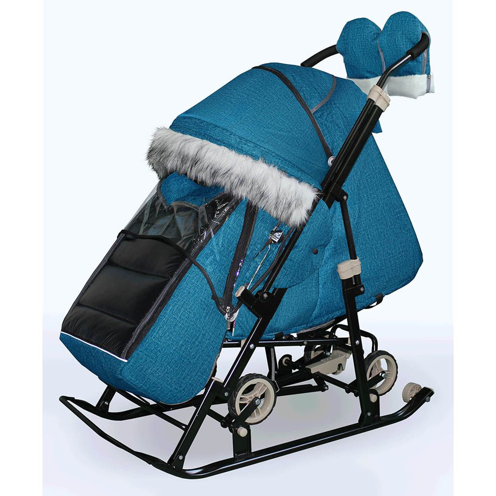 Санки-коляска SNOW GALAXY Glory Gloss бирюзовый лён на больших колесах+сумка+варежки  #1