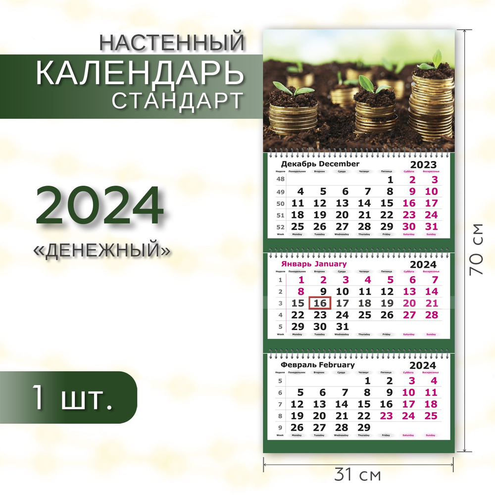 Календарь 2024 настенный трехблочный СТАНДАРТ ПОЛИНОМ "Денежный" 31х70см, 1шт/уп  #1