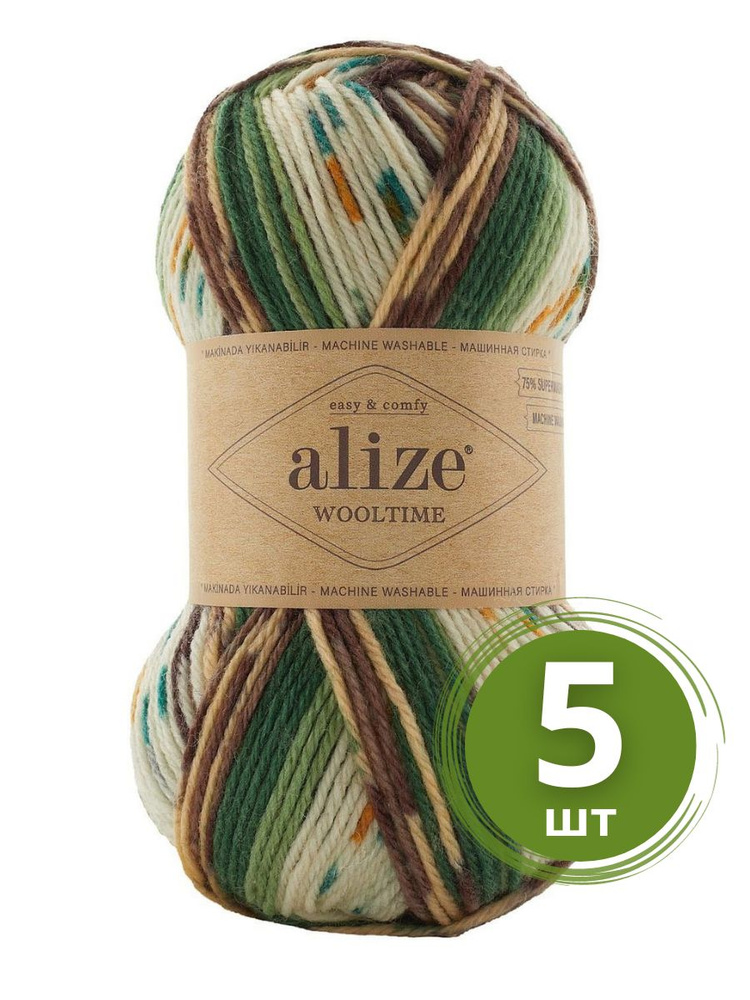 Пряжа Alize Wooltime (Вултайм) - 5 мотков Цвет: 11021 белый /зеленый /коричневый 25% полиамид, 75% шерсть, #1