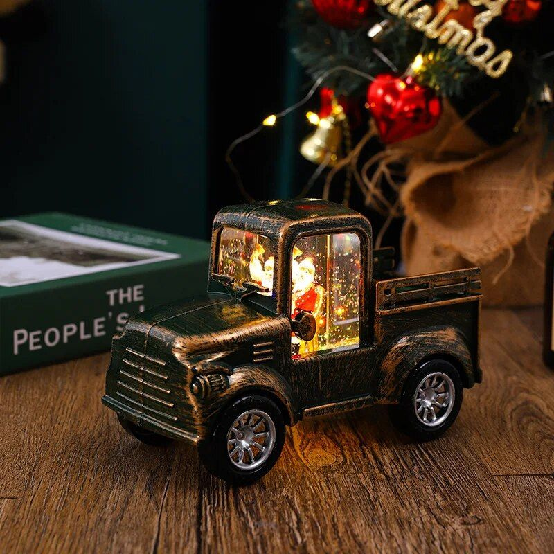 Новогоднее украшение светильник фонарь с подсветкой и снегом "Дед Мороз в автомобиле везет подарки"  #1
