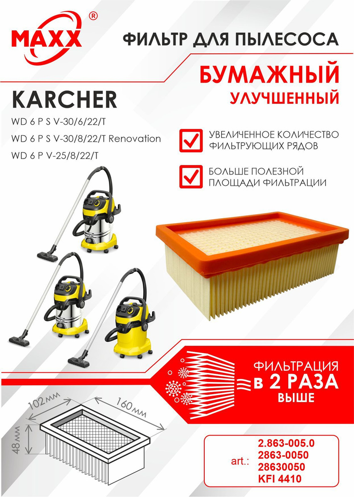 Плоский складчатый фильтр бумажный улучшенный для пылесоса Karcher WD 6 P S V-30/6/22T, 8/22T, 6 P V-25/8/22T #1