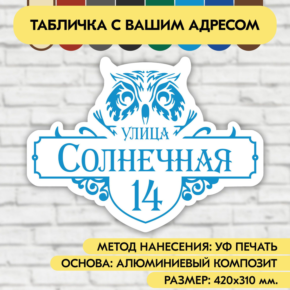 Адресная табличка на дом 420х310 мм. "Домовой знак Сова", бело-голубая, из алюминиевого композита, УФ #1