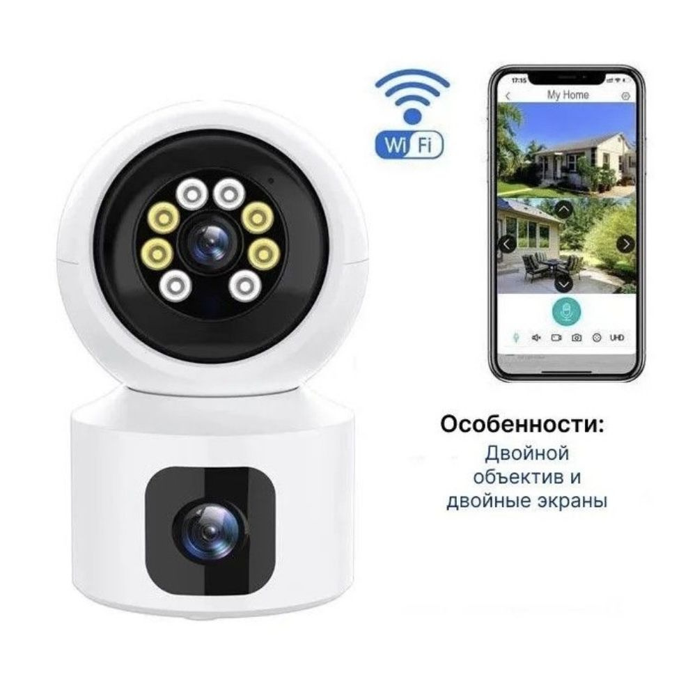 Многофункциональная Wi-Fi камера видеонаблюдения с двумя объективами, обзор 360 градусов.  #1