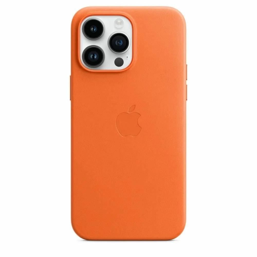 Чехол - накладка Leather Case MagSafe 14 Pro Max, натуральная кожа, противоударный, Bright Orange  #1