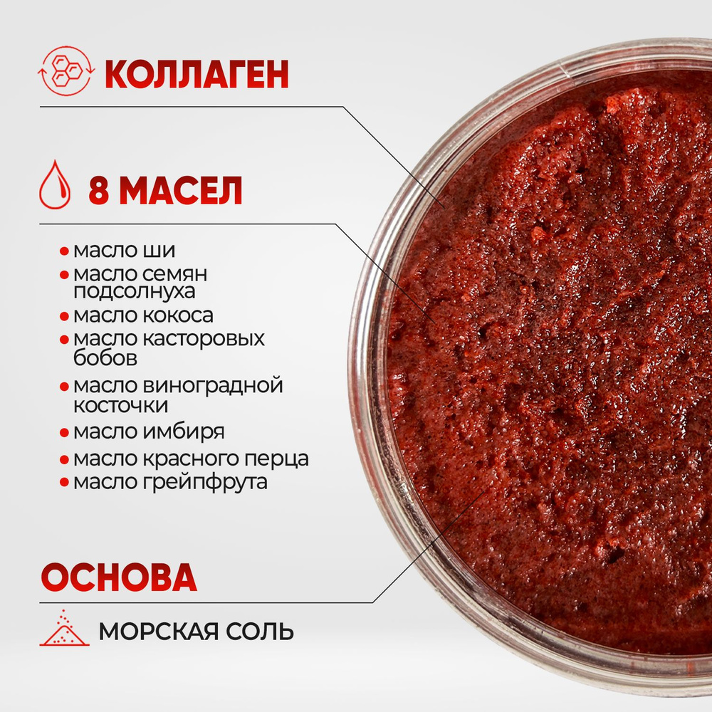 Скраб для тела антицеллюлитный соляной с маслами, против растяжек и целлюлита, с перцем, ароматом грейпфрута, #1