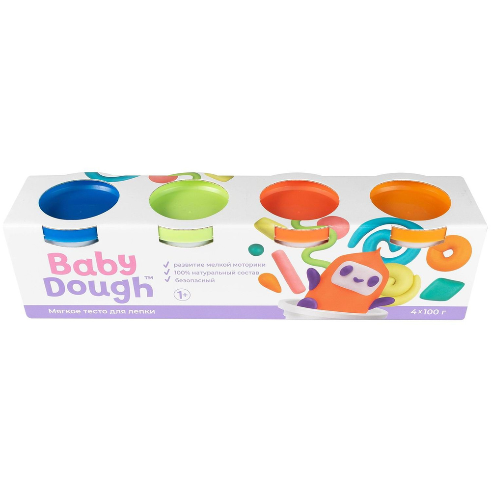 Тесто для лепки BabyDough 4 цвета, синий, нежно-зеленый, красный, оранжевый, №2 (BD017)  #1