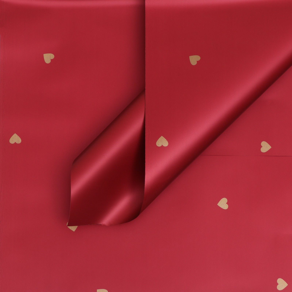 Пленка глянцевая для упаковки цветов, подарков "Сердечки" 58х58 - 20 шт. бордовый с золотыми сердечками #1