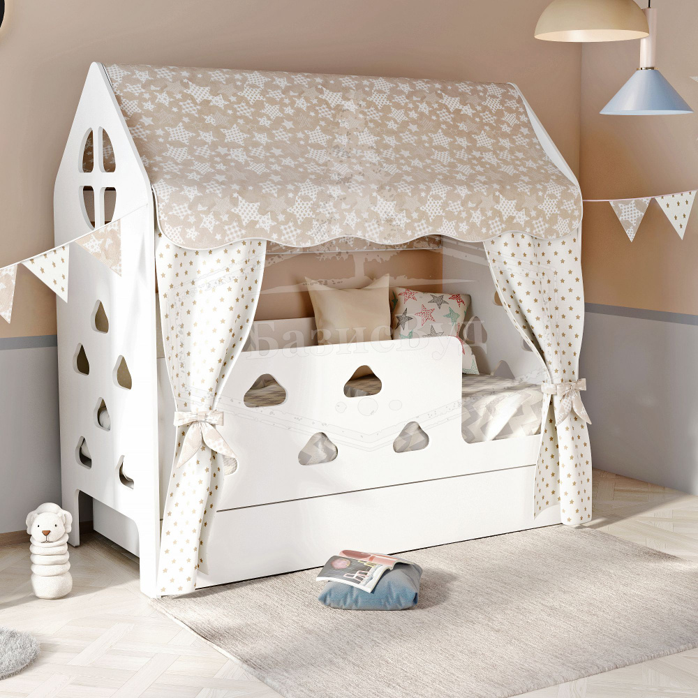 Кровать-домик, Кровать детская с бортиком под матрас 160х80, БазисВуд "Облачка" с текстилем (бежевый,со #1