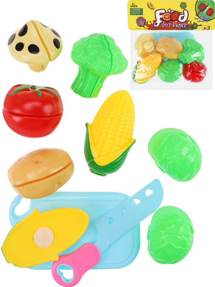 Игрушечные продукты. Игровой набор овощи и фрукты на липучках. Набор для резки 8 предметов . Подарок #1