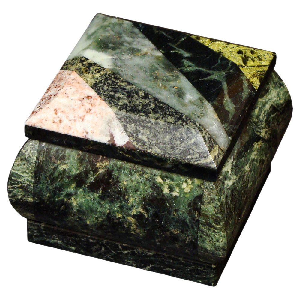 Шкатулка из уральского камня змеевик с комбинированной крышкой из натуральных камней  #1