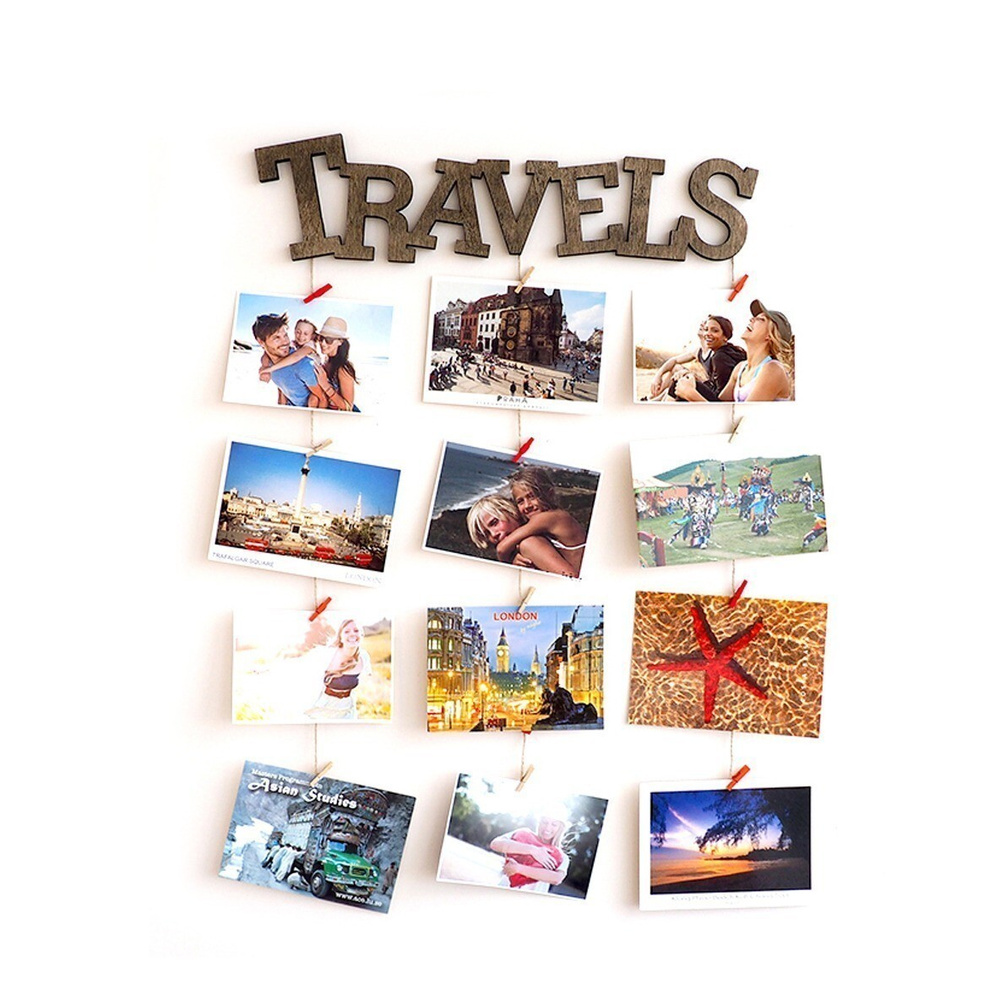 Фоторамка коллаж "Travels" 40 см на 30 фото, гирлянда с прищепками, мудборд, мультирамка, из дерева, #1
