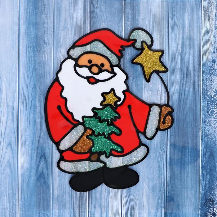 Наклейка на стекло "Дед Мороз с ёлкой и звёздочкой" 14,5х18 см  #1