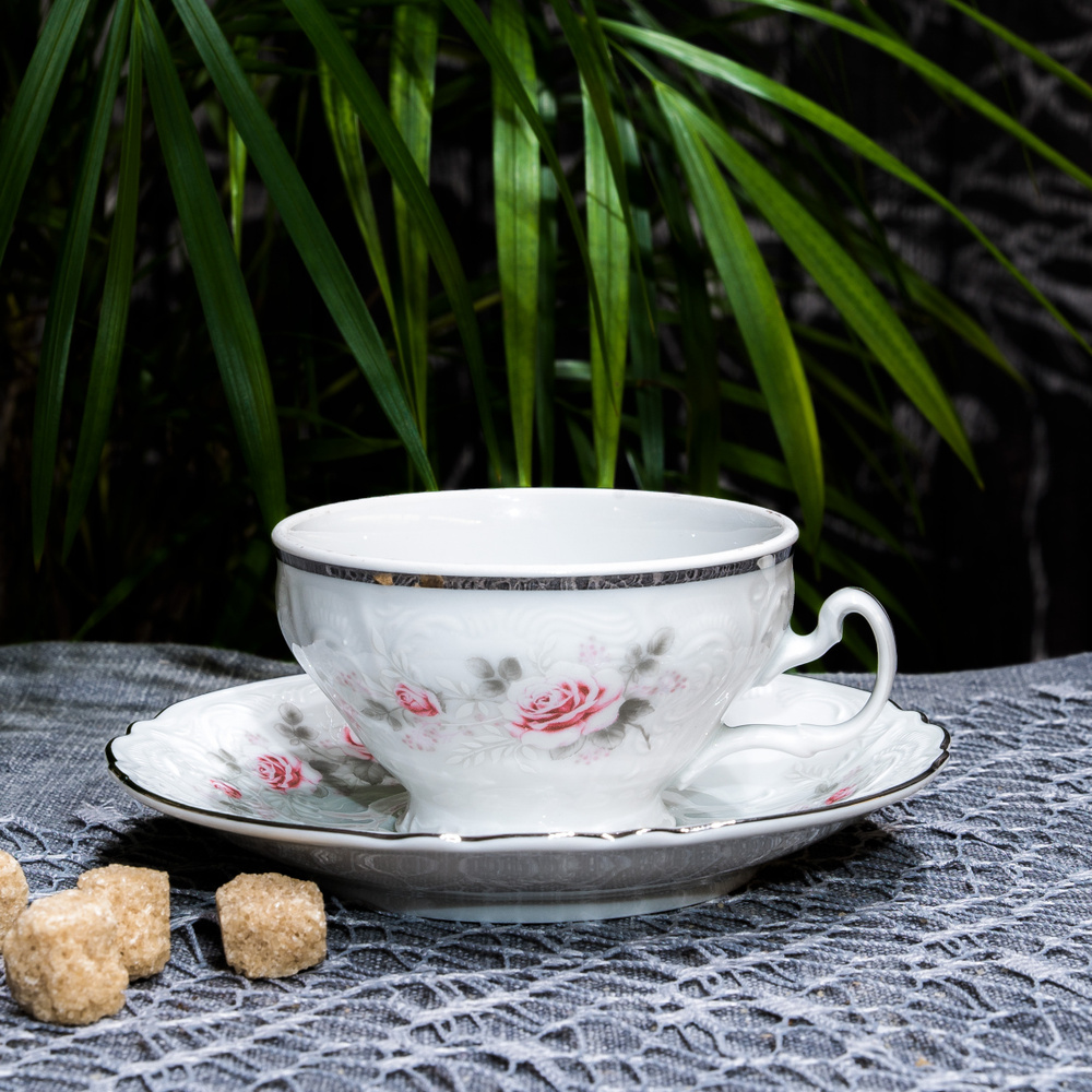 Чайная пара Бернадотт Бледные розы, набор для чаепития на 1 персону: чашка 205 мл, блюдце из фарфора, #1
