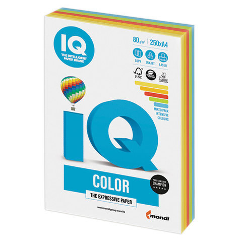 Бумага цветная IQ color, А4, 80 г/м2, 250 л., (5 цветов x 50 листов), микс интенсив, RB02  #1