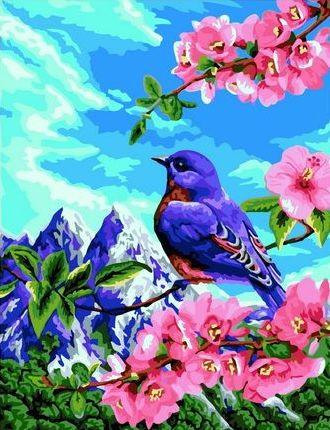 Картина по номерам на холсте 40х50 40 x 50 на подрамнике "Птичка на цветущей сакуре на фоне гор" DVEKARTINKI #1