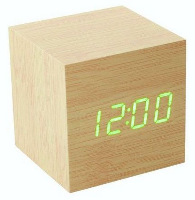 Настольные электронные часы Деревянный куб. Будильник, температура, работа от батареек и сети. Бежевые #1
