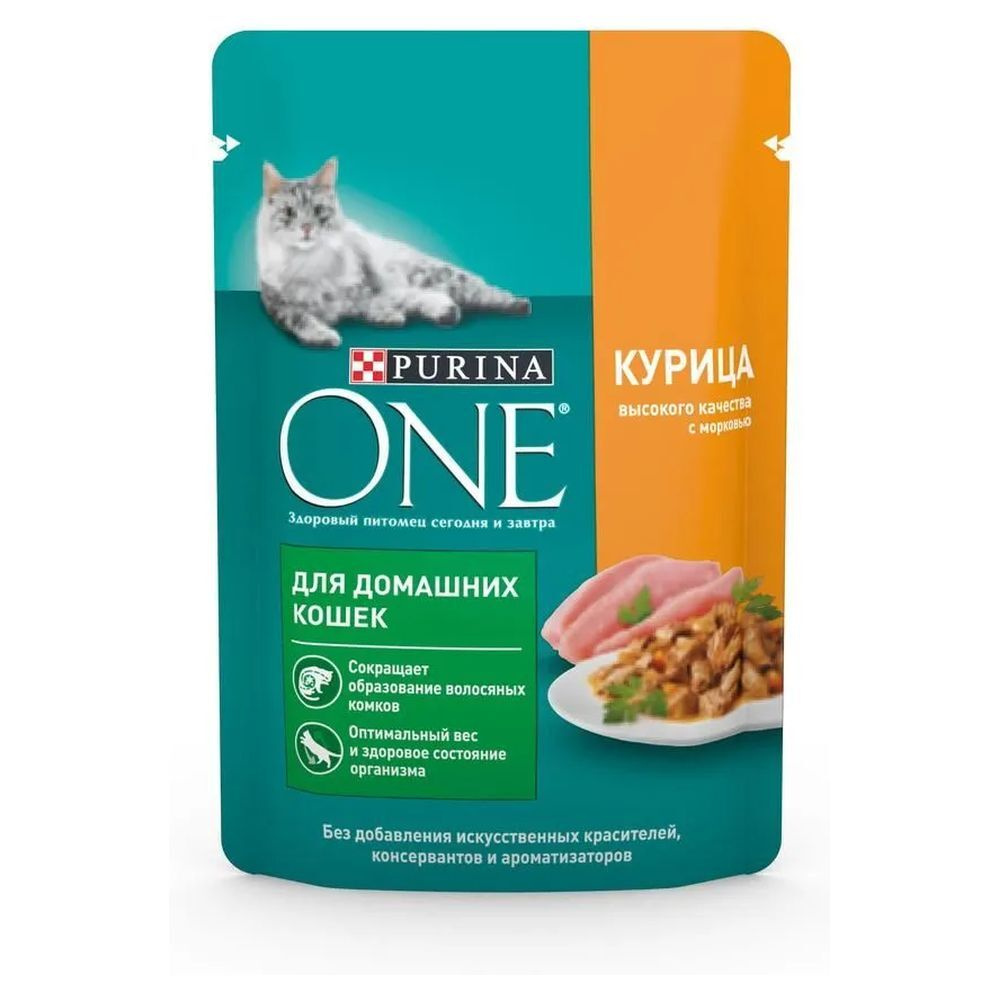 Purina One влажный корм для взрослых домашних кошек всех пород, курица с морковью (26шт в уп) 75 гр, #1
