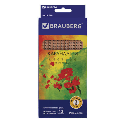 Карандаши 12 цветов BRAUBERG "Цветы" трехгранные, лакированное дерево, 1 упаковка  #1