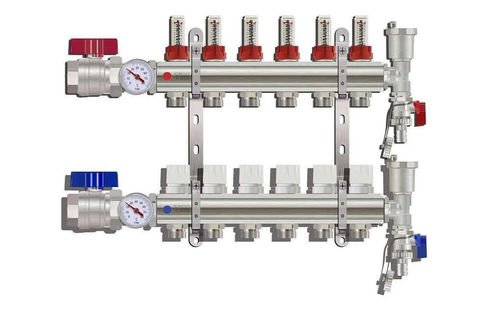 Коллекторная группа TIM из латуни на 6 выходов с расходомерами (полный комплект), Коллекторная группа #1