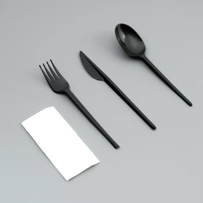 Take It Easy, Набор одноразовой посуды "Вилка, ложка, нож, салфетка" черный, 16,5 см, 25 штук  #1