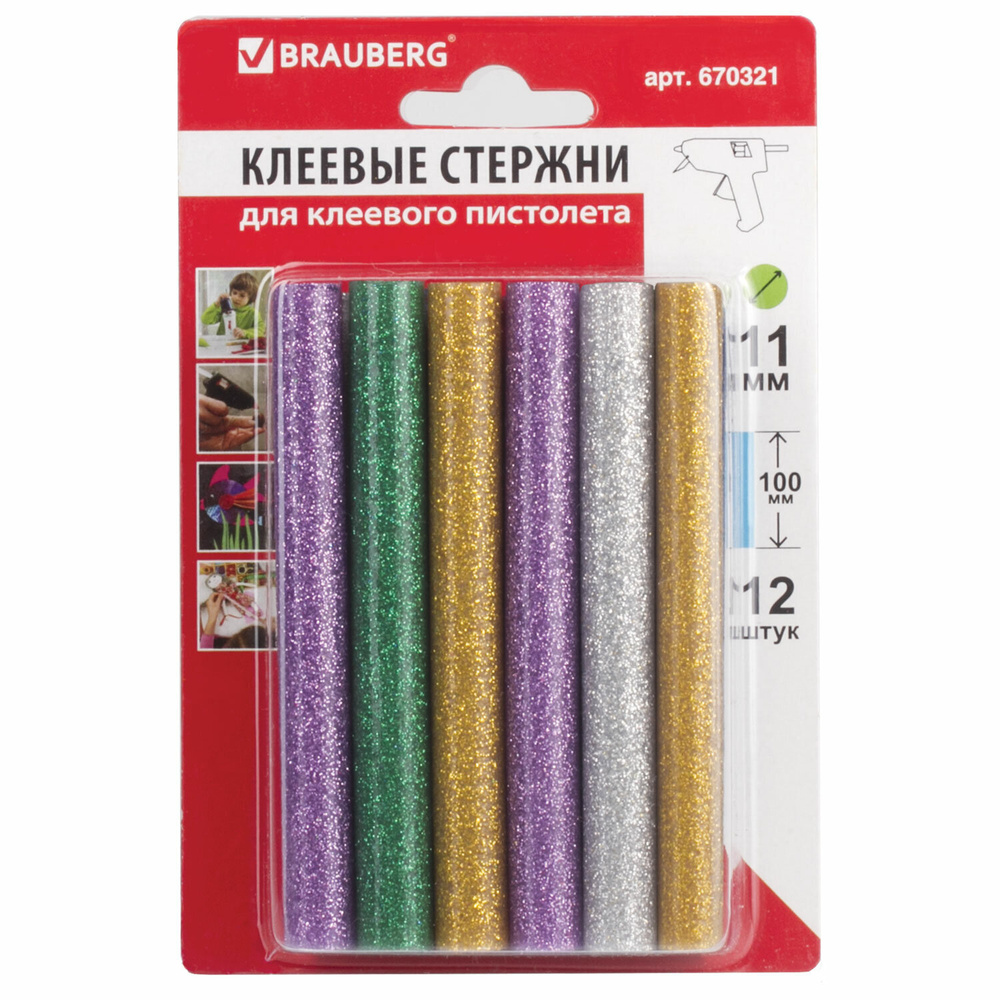 Клеевые стержни Brauberg диаметр 11 мм, длина 100 мм, цветные, с блестками, 12 штук, 6 цветов (670321) #1