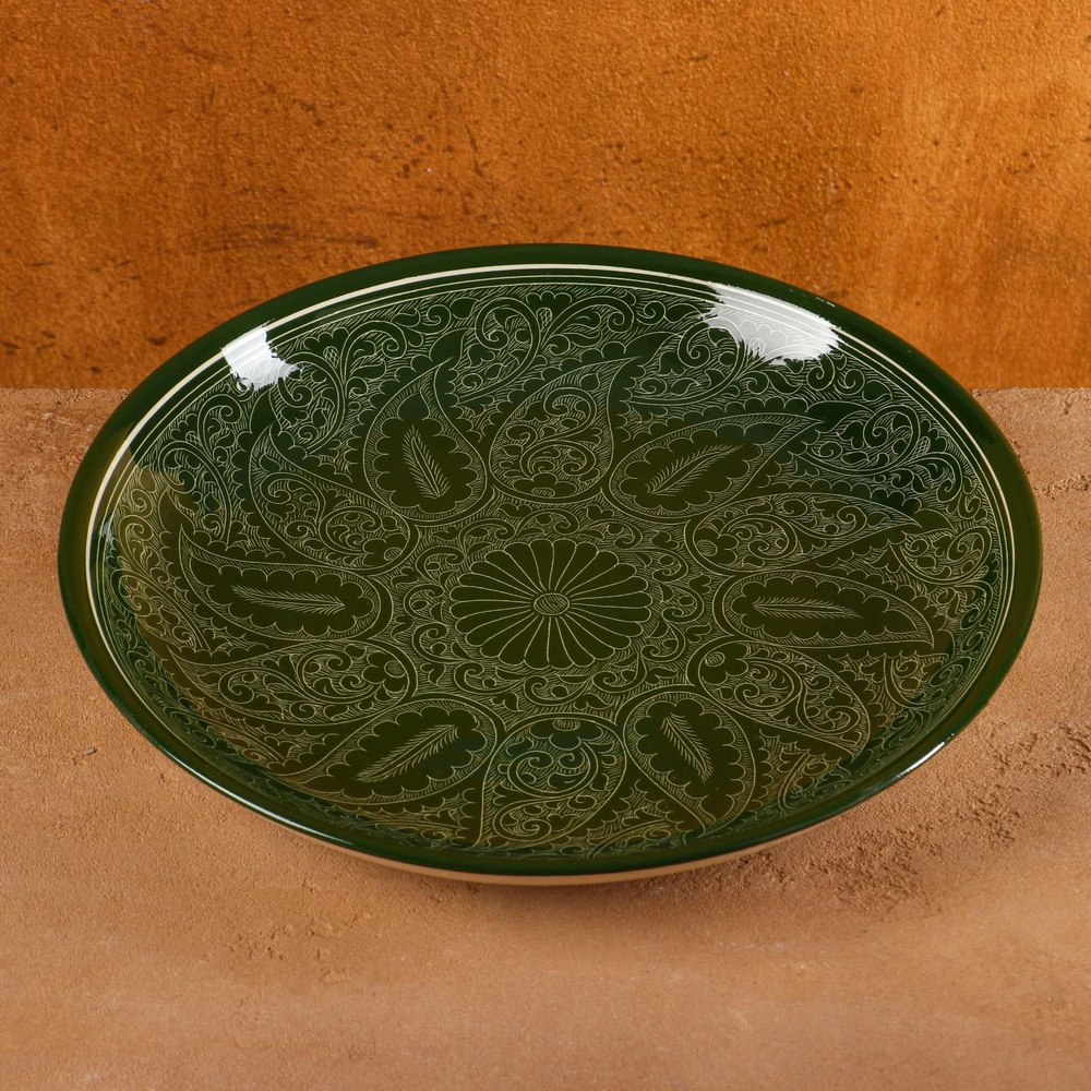 Ляган, блюдо для плова Шафран "Риштанская Керамика", зеленый, диаметр 27 см  #1
