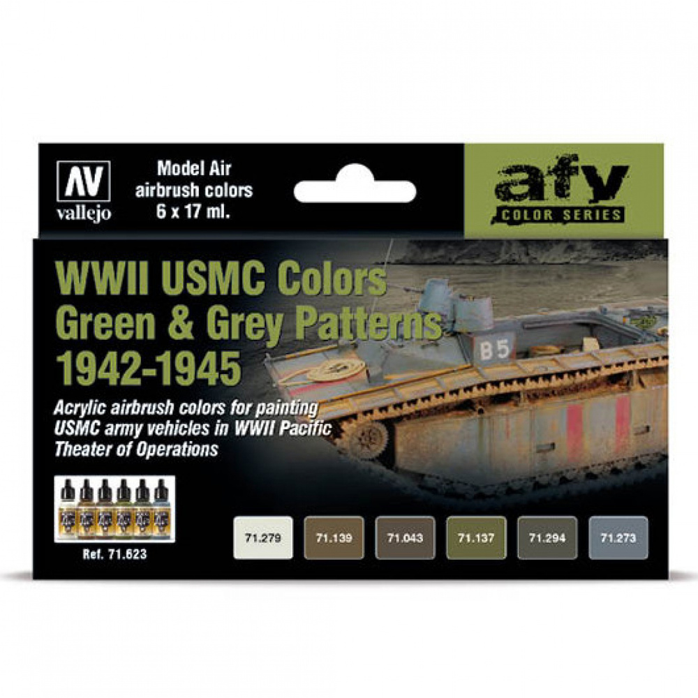 Набор красок для сборных моделей Vallejo, серия Model Air "WWII USMC COLORS GREEN&GREY PATTERNS" 71.623, #1