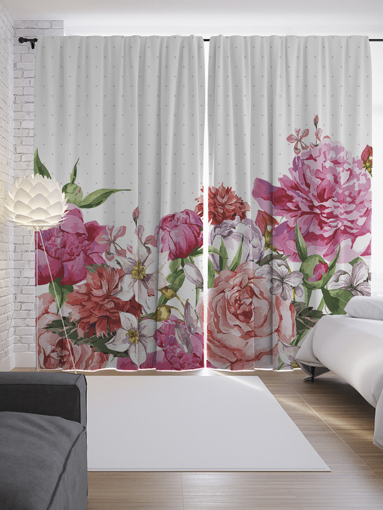 Фотошторы для кухни и спальни JoyArty "Переплетение роз и пионов", 2 полотна со шторной лентой шириной #1
