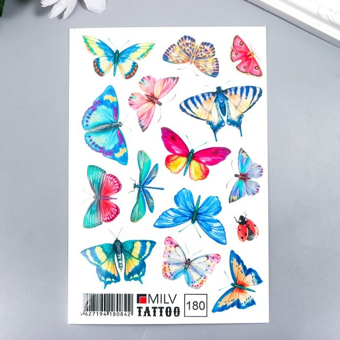 Временная татуировка на тело "Разноцветные бабочки" 10х15 см  #1