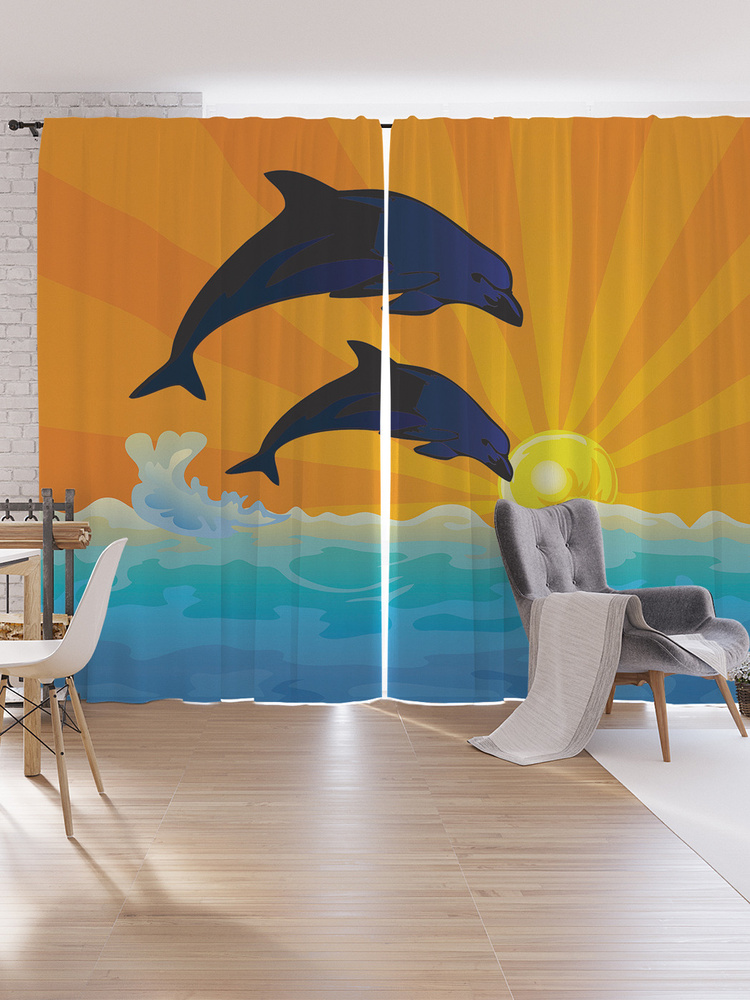 Фотошторы для кухни и спальни JoyArty Oxford DeLuxe "Дельфины в лучах солнца", 2 полотна со шторной лентой #1
