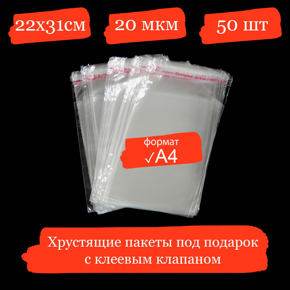 Хрустящие пакетики формата А4 под подарок с клеевым клапаном - 22x31+3, 20 мкм - 50 шт.  #1